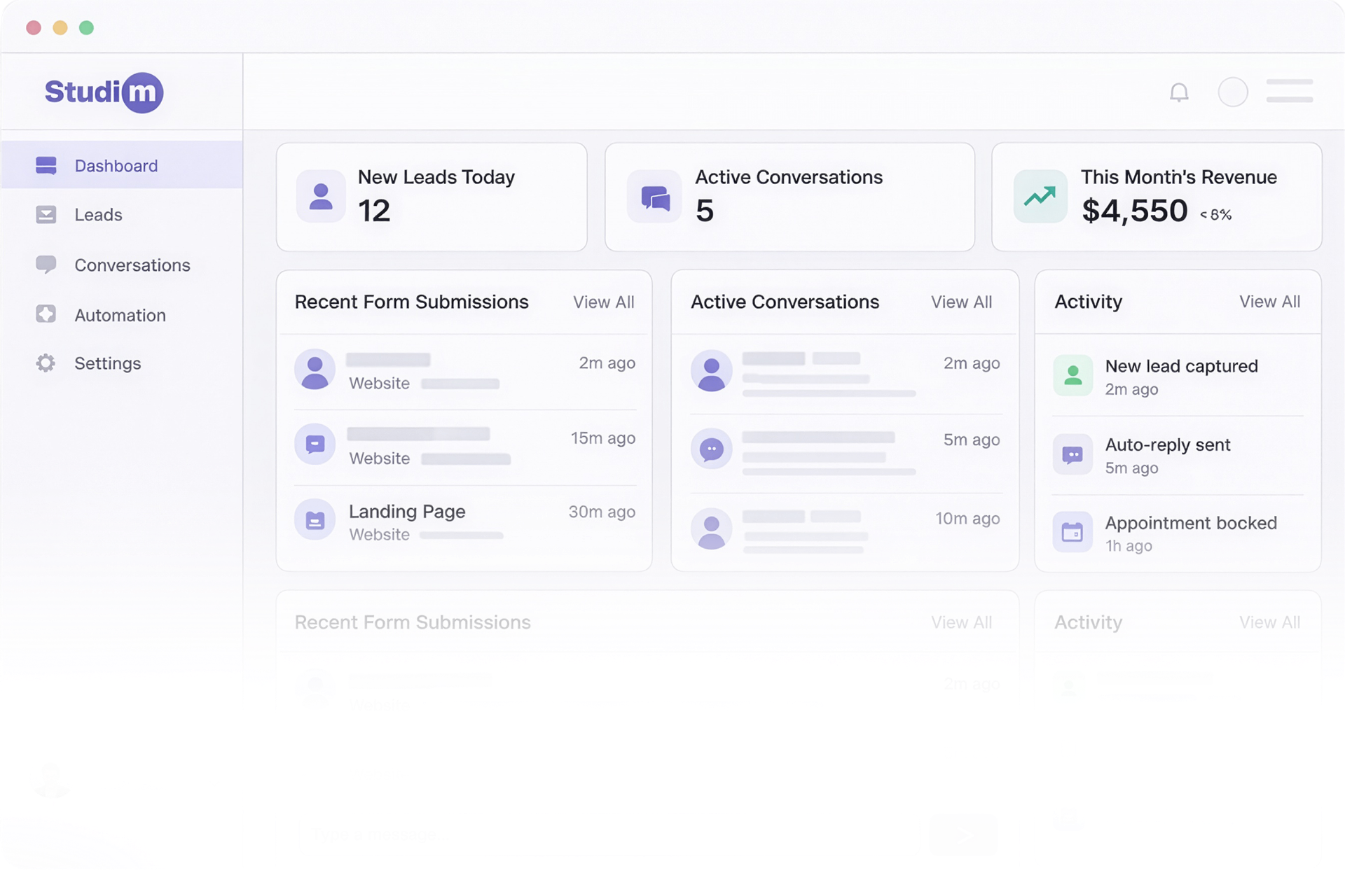 Studio M dashboard